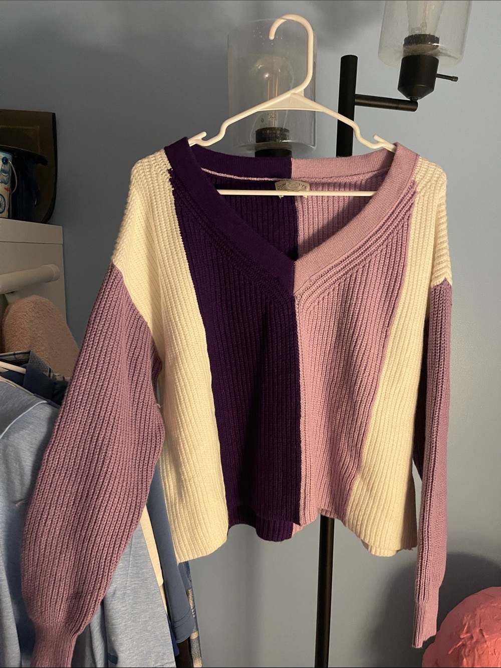 Colorblock V-Neck Ribbed Sweater - Purple, Lavender & Cream